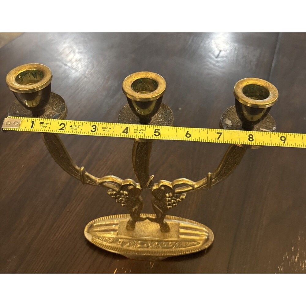 Vintage Brass Shabbat 3 Branch Candelabra Judaica Israel MCM Grapes Brass - Picture 9 of 10